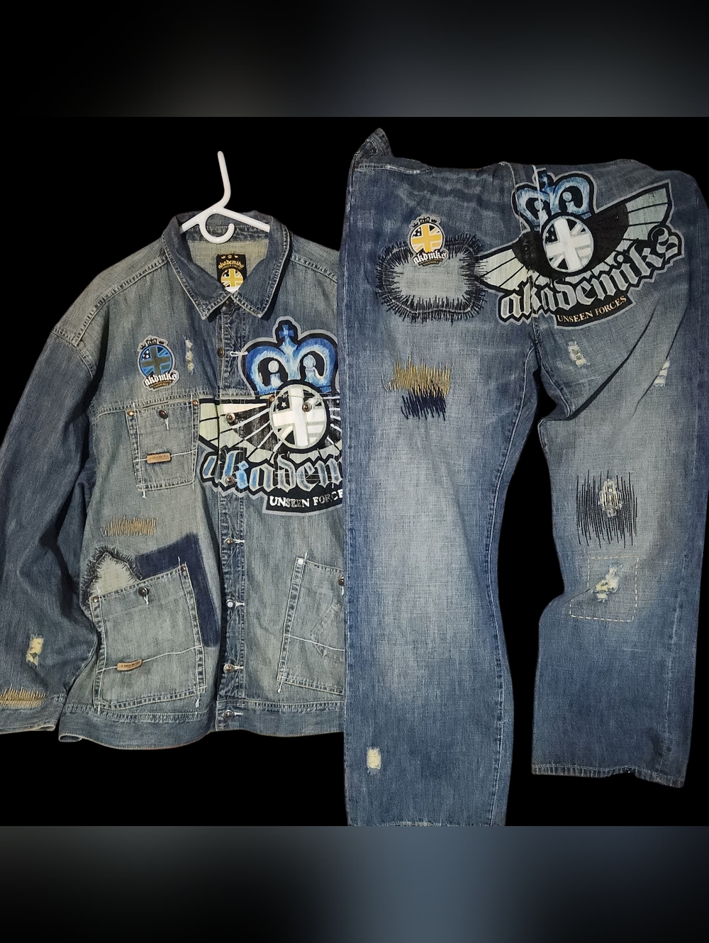 Ultra Rare Akademiks Vintage Denim Jacket & Jeans Set- Patchwork New Condition